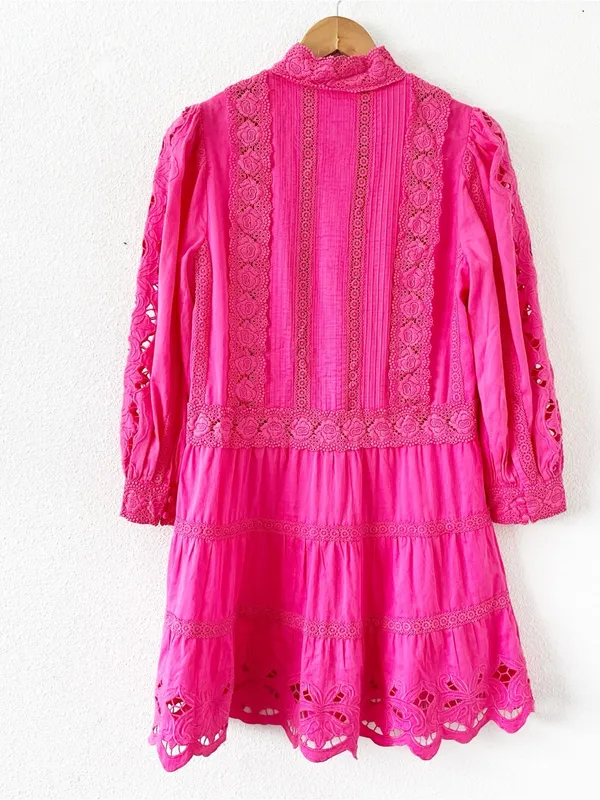 Alice + Olivia Clark Pink Embroidered Crochet Lace Tiered Mini Dress - Image 9