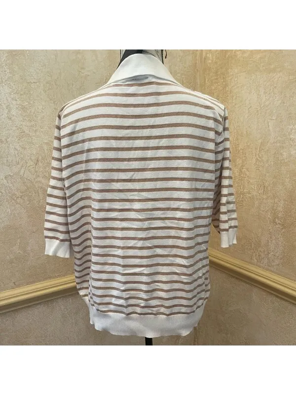 Aaeda Polo Collar Stripe Sweater Gold Metallic short sleeves Sz XL - Image 5