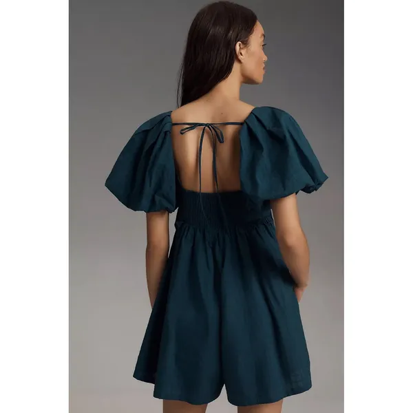 Anthropologie Pilcro Puff-Sleeve Babydoll Romper Playsuit XL Blue Cotton Ruffle - Image 2