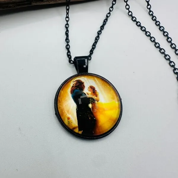 Princess Belle Beauty Beast Rose Art Silver Pendant Chain Necklace - Image 2