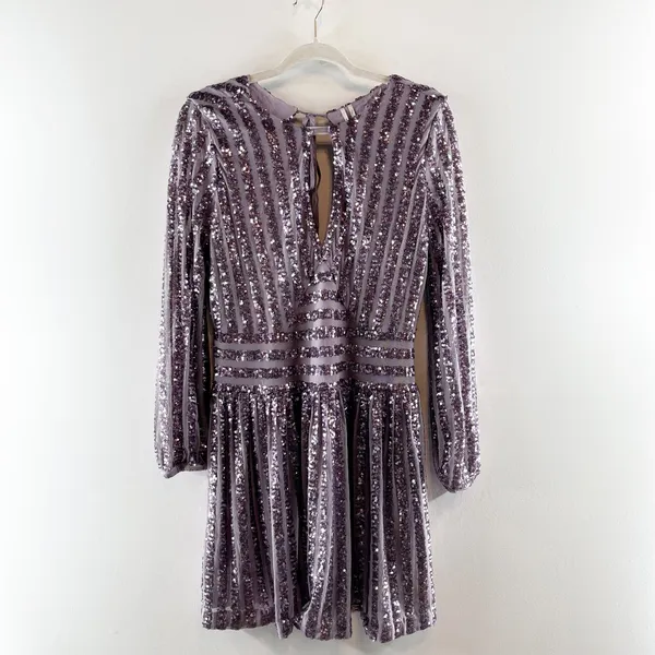 Anthropologie Open Back Long Sleeve Sequin Mini Dress Lilac Purple 4 - Image 4