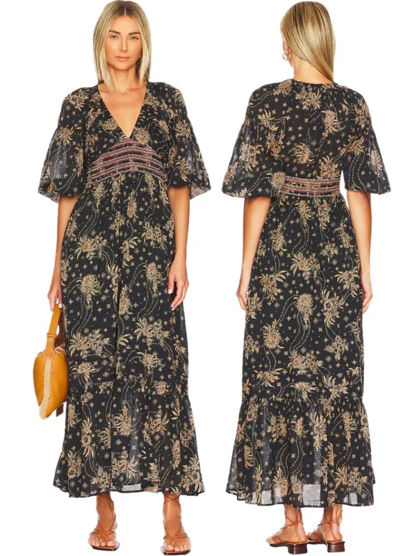 Free People Golden Hour Floral Maxi Dress Women's XS Black Ruffle Smocked Boho - Image 2