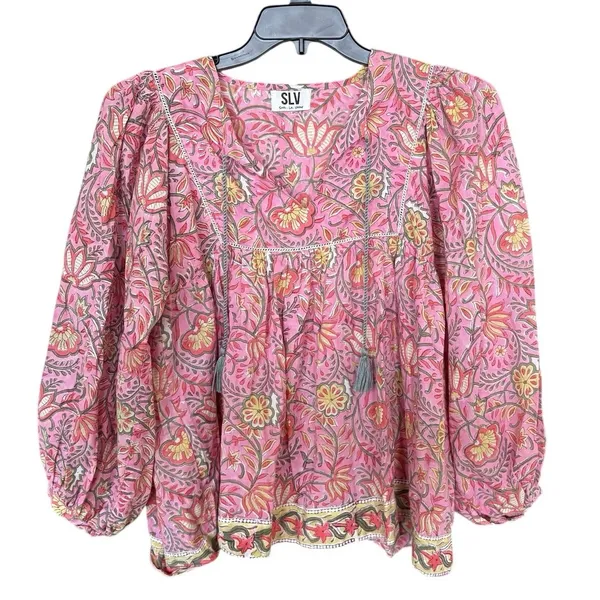 Sur La Vague 100% Cotton Pink Green Floral Blouse Size One Size - Image 2
