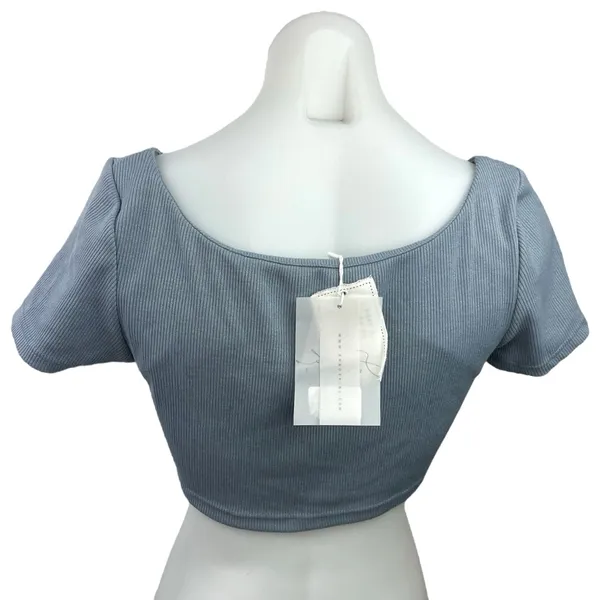 NEW Sabo Skirt Blue Ribbed Square Neck Short Sleeve Stretch Knit Crop Top Size S - Image 2
