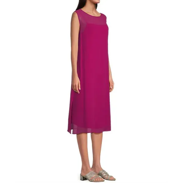 Eileen Fisher Sheer Silk Georgette Boat Neck Sleeveless Midi Dress Sangria L NWT - Image 3