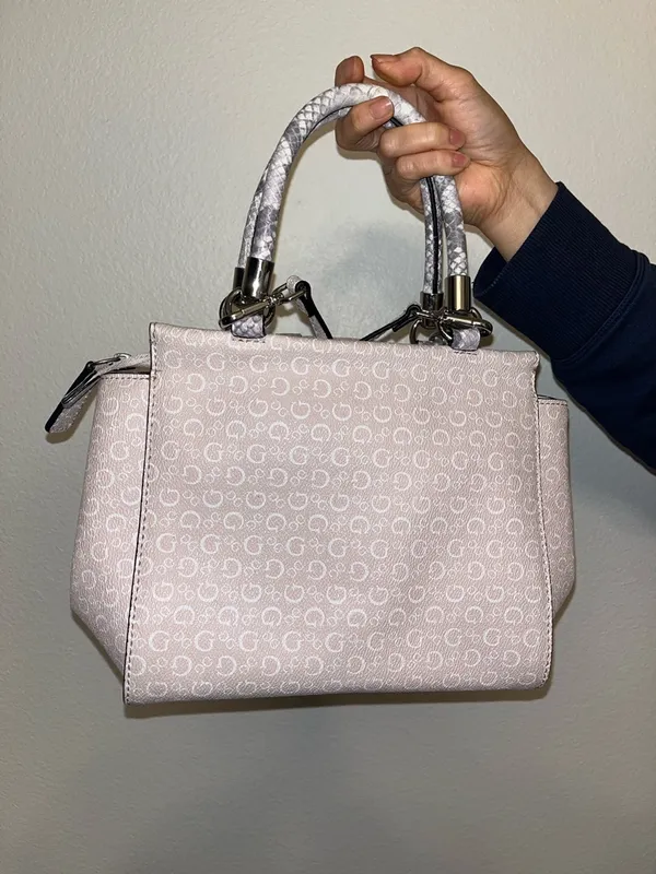 Guess Pink Monogram Satchel with Snake-Print Trim - Image 4