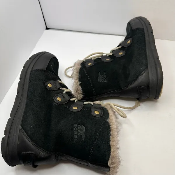 Sorel Explorer Joan Suede Winter Boots Womens Size 10 Black Faux Fur Waterproof - Image 7