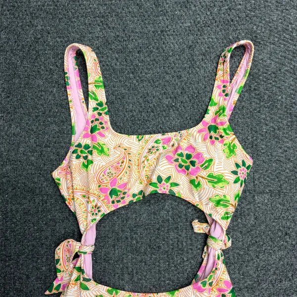 Aerie Real Good One Piece Cheeky Swimsuit Pink Green Floral Paisley Cutout Med - Image 2