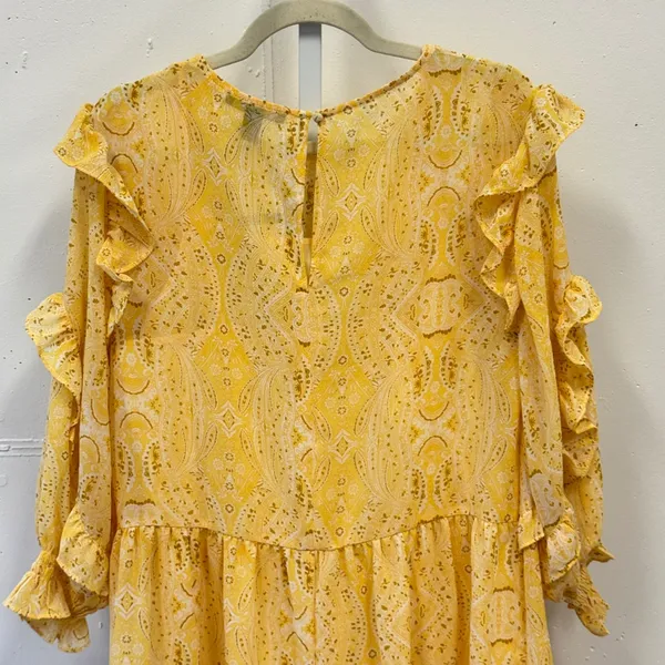 Forever 21 Yellow Paisley Ruffle Mini Dress Long Sleeve Smocked Cuffs Size Small - Image 4