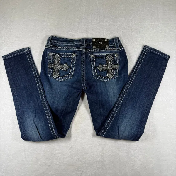 Miss Me Mid Rise‎ Skinny Jeans Dark Wash Contrast Stitch Size 27 Blue Denim - Image 2
