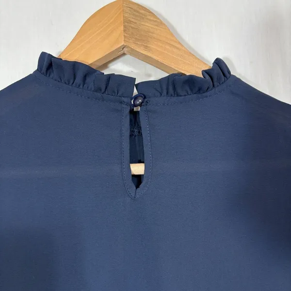 SheIn Chiffon Blouse Navy Ruffle Mock Neck Bishop Sleeve Work Modest Minimalist XS‎ - Image 10