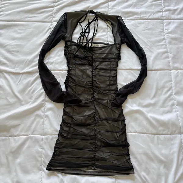 Lucy in the Sky Black Mesh Ruched Long Sleeve Open Back Bodycon Mini Dress Small - Image 6