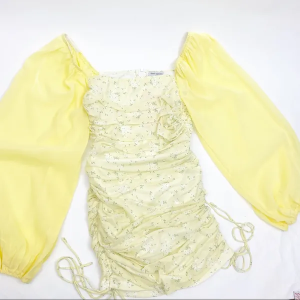 That’sSoFetch Lorde Ruched Puff Sleeve Mini Dress: Yellow Ditsy Floral - Image 6