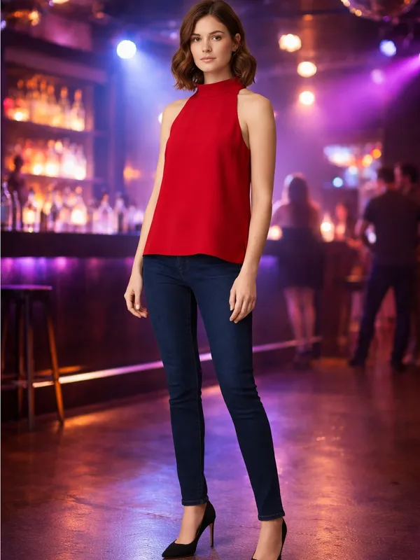 ZARA Red Sleeveless High Mock Neck Tank Top Back Zip Formal Party Night Out XS - Image 2