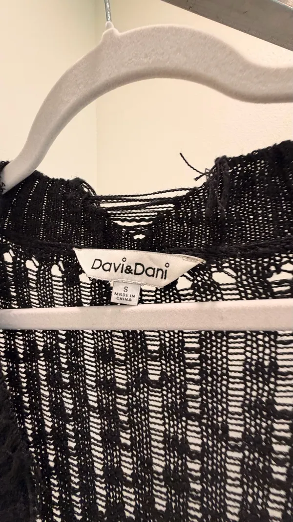 Davi & Dani Black Solid Open Knit Fringe Hem V-Neck Pullover Sweater Dress S - Image 3