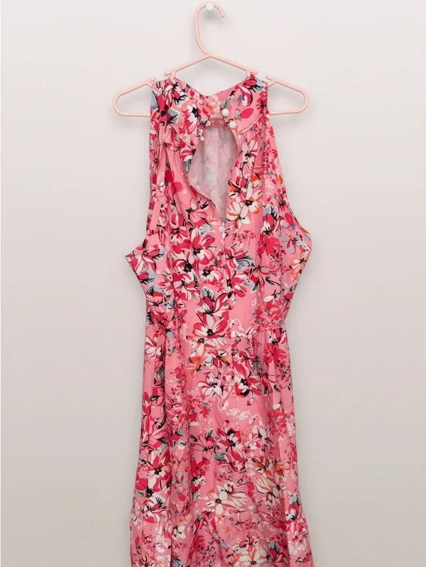 Halter-Neck Pink Floral Tie-Waist Mini Dress - Image 4