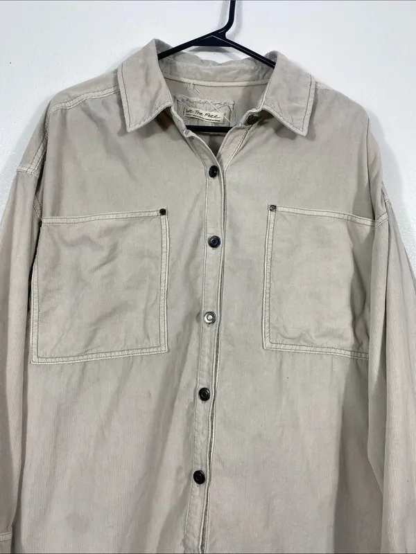 Free People Baby Corduroy Oversized Button Down Shirt Beige Small 100% Cotton - Image 5