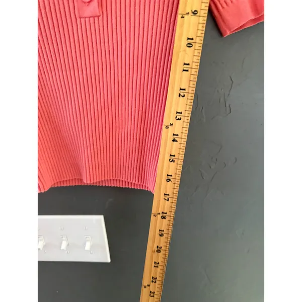 Aerie Women Coral Pink Ribbed Knit Short Sleeve Polo‎ Sweater Size Medium Preppy - Image 6