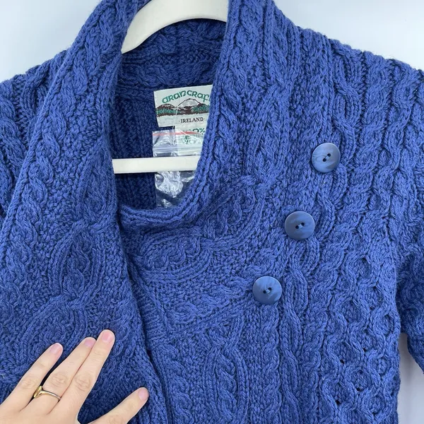 aran crafts sweater women Cable Knit XXS 2XS Blue 100 Merino Wool Fisher Core - Image 5