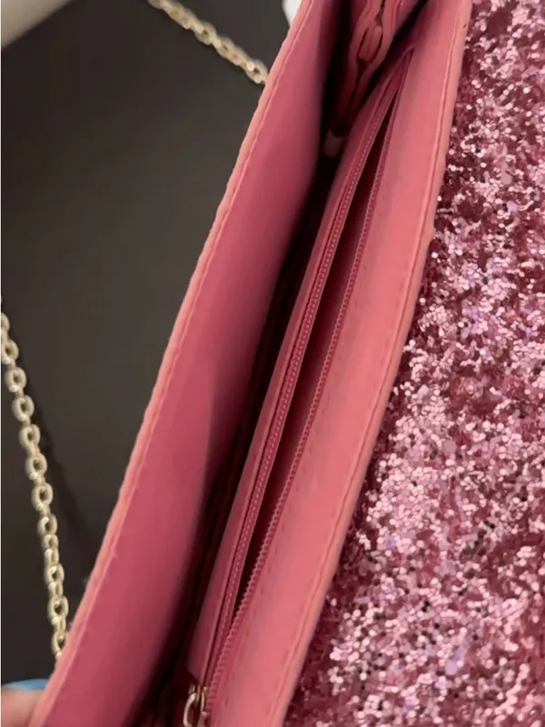 Pink Glitter Envelope Clutch with Gold Plated Chain - Image 9