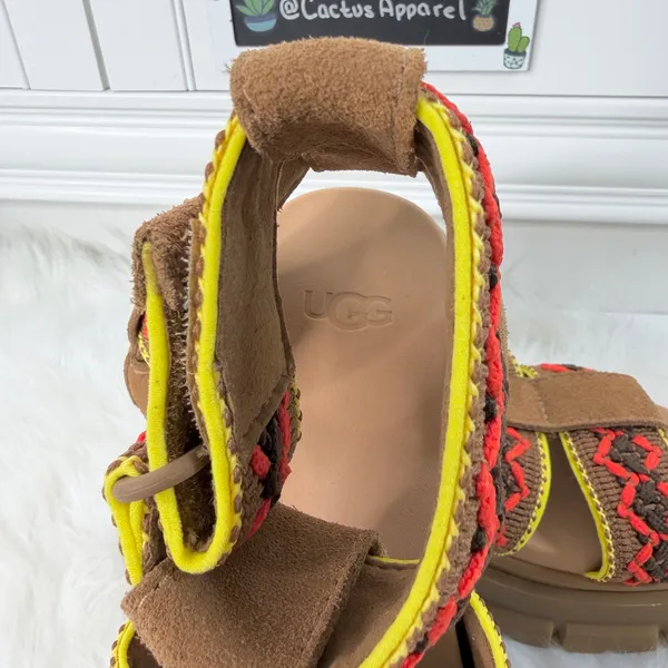 New UGG Ashton Heritage Braid Brown Suede Neon Trim Platform Sandals Size 7 - Image 5