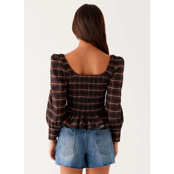 Peppermayo Joyce Long Sleeve Cotton Shirred Top Size 6 Chocolate Check Smocked - Image 13