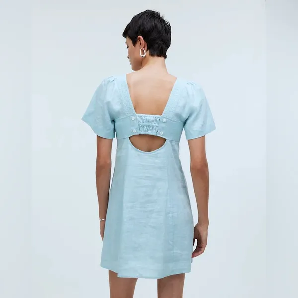 Madewell‎ Square-Neck Mini Dress 100% Linen Euro Summer Coastal Blue NWT Sz 00 - Image 2