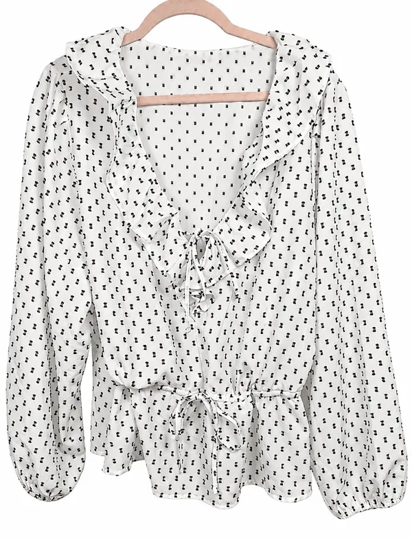 Women’s Blouse 2XL Plus White Waist-Defined Clip-Dot Shirt V-Neck Top - Image 4