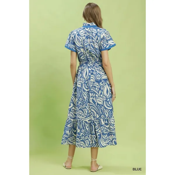 Umgee Paisley Print Midi Dress with Side Pockets - Blue - Small - Image 3