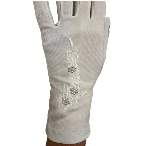 Vintage 1980s White/Ivory Unbranded Satin Beaded Floral Gloves XS S - Image 3