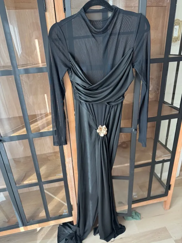 Meshki long sleeve mesh maxi dress brooch ruched embellished slip flower gold mock - Image 3