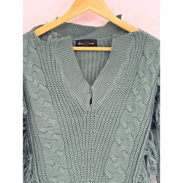 Alison Andrews Sage Green Fringe Cable Knit Sweater Medium Boho Chunky Pullover - Image 3