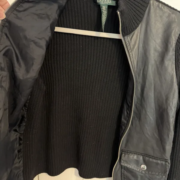 VTG Lauren Ralph Lauren Motorcycle Jacket PM Leather/Merino Wool Black Y2K Biker - Image 8