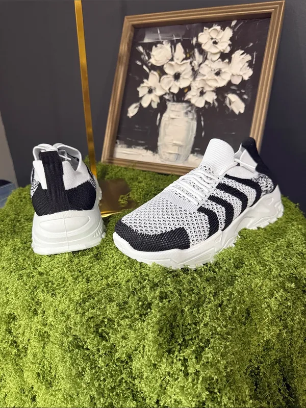 Knit Slip-On Athletic Sneakers in Black & White - Image 2
