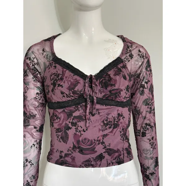 Derek Heart Y2K Purple Mesh Floral Lace Trim Long Sleeve Crop Top Grunge Blouse Women’s M - Image 4