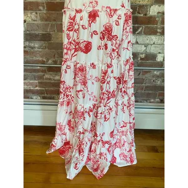 Red White Floral Toile Maxi Dress Tie Shoulder Low Back Tiered Hem Women Size L - Image 3