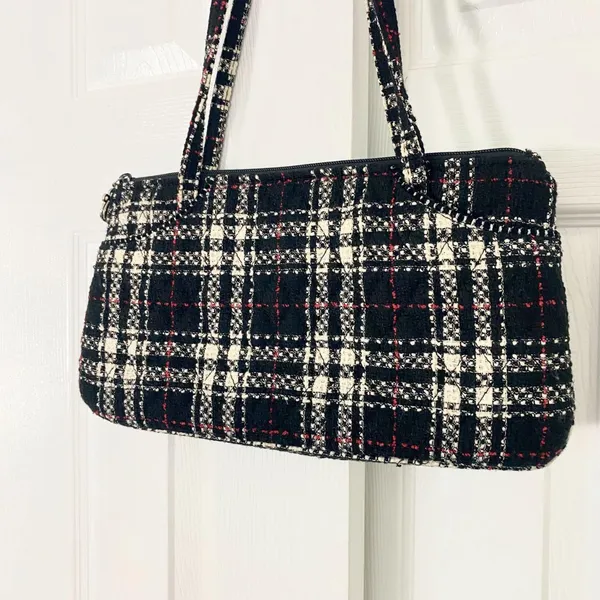 Vera Bradley limited edition plaid tweed East/West shoulder bag Black White Red - Image 3