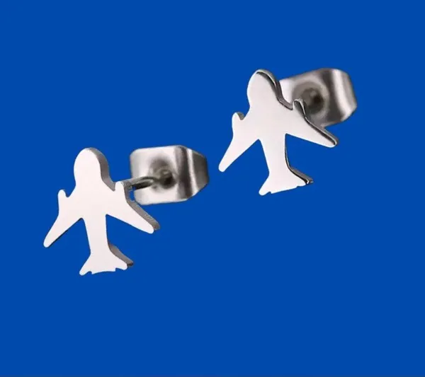 Silver Jet Airplane Plane Earrings Studs - Pilot, Flight Attendant, Stewardess - Image 2