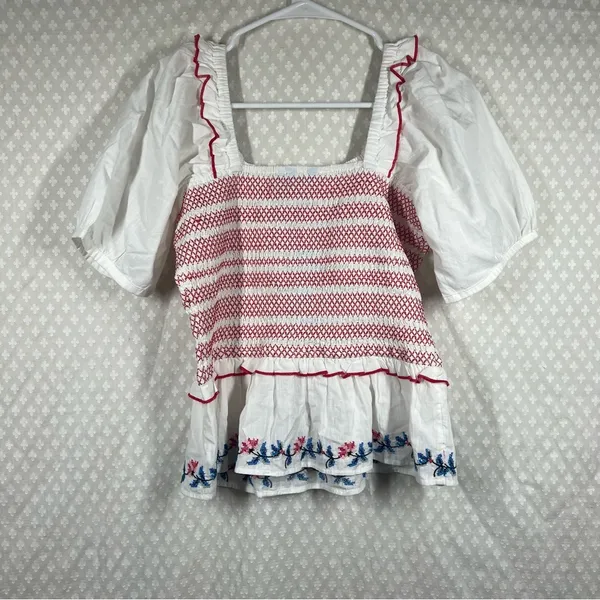 Draper James NWT‎ White Red Camellia Embroidered Peplum Top - Image 6