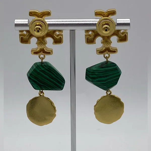 Tory Burch Roxanne double drop earrings with green malachite and resin. New - Image 3