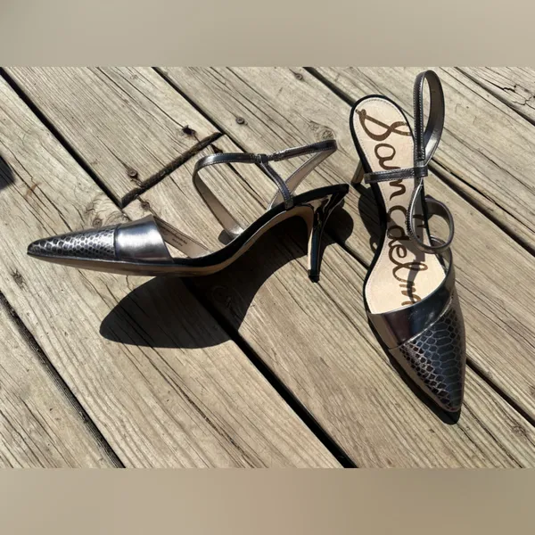Sam Edelman Otello Metallic Silver Snakeskin Leather Pointed Stilettos, Size 10 - Image 2