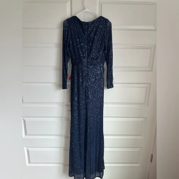 Mac Duggal 26490 Midnight Sequin Long Sleeve‎ Faux Wrap Formal Gown NWT - Image 9