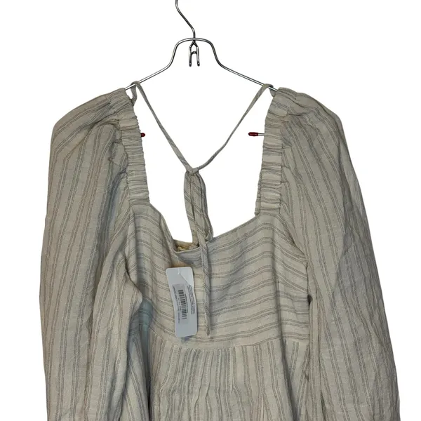 Mystree Womens Smocked Midi Dress Lined Striped Puff Sleeve Oatmeal Small NWT - Image 2