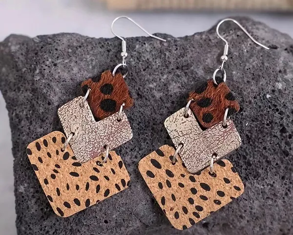 NEW animal print polka dot layered cow print dangle earrings, Boho earrings brown earrings, western aesthetic - Image 5