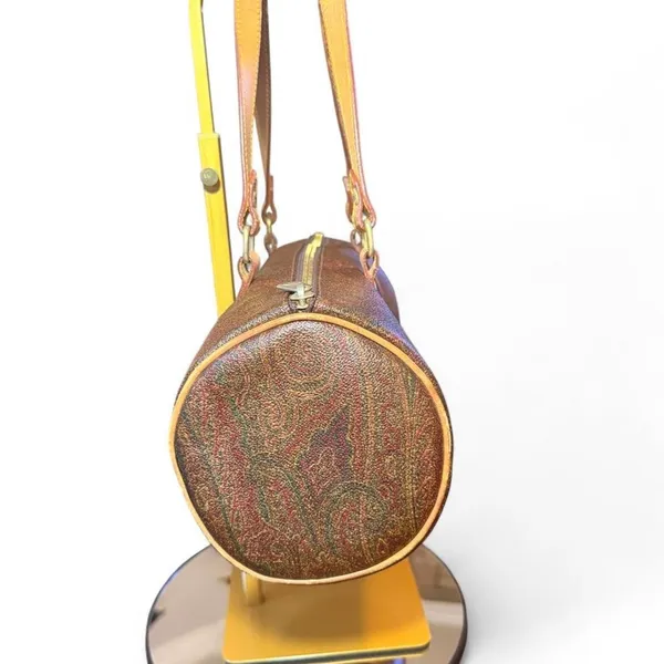 Vintage ETRO Milano Paisley Barrel Bag Leather Trim Shoulder Handbag Italy - Image 3