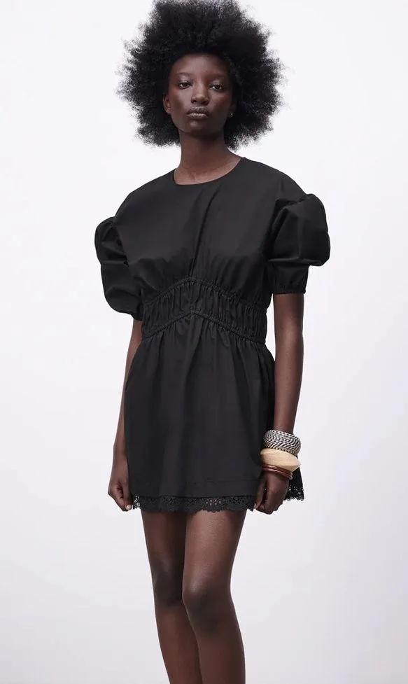 Zara Mini DRESS W/ MATCHING LACE TRIM BALOON SLEEVES Black Size XS NEW - Image 4