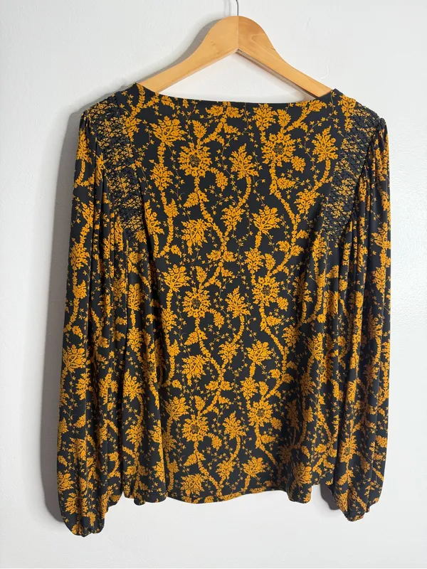 Ann Taylor Black Mustard Floral Puff Sleeve Blouse Large Workwear Office Career - Image 3
