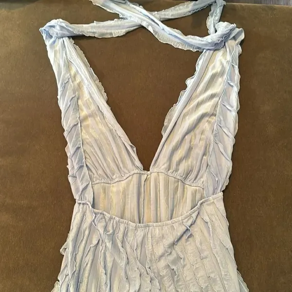 Women’s Blue V-Neck Backless Jumpsuit Romper RuffleWave WideLeg Pants Size M NEW - Image 8