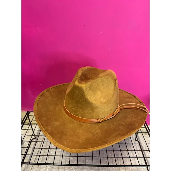 Camel Brown Faux Suede Wide Brim Fedora Hat with Tassel Band RN157656 - Image 9