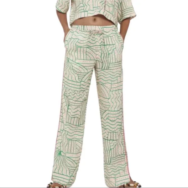 Zara Womens Green Pink‎ Abstract Print Linen Blend Straight Leg Pants High Rise - Image 2